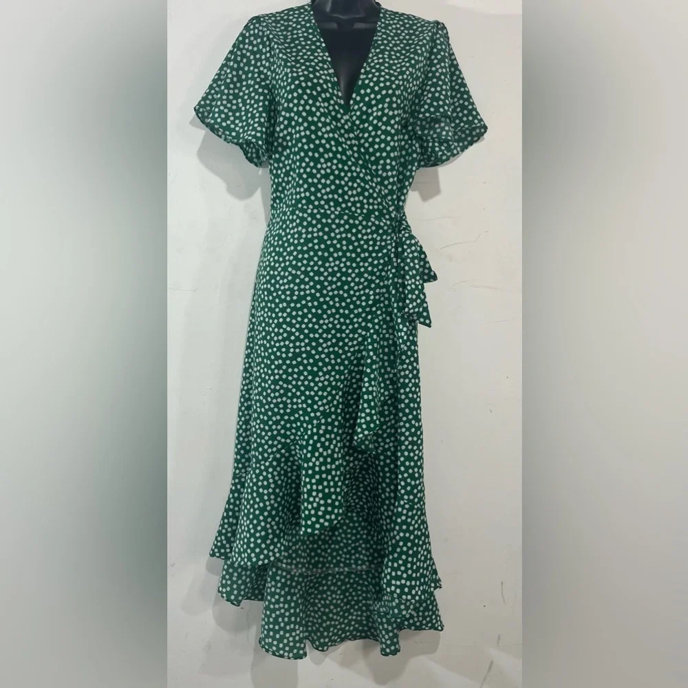 Fleur Wood Green Floral Ruffled Hi Low Wrap Midi Maxi Dress Size Small